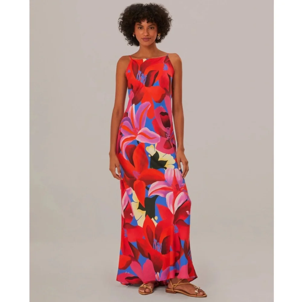 *SOLD* Farm Rio Watercolor Floral Slip Satin Maxi Dress Floral Blue Small NEW - Picture 1 of 15